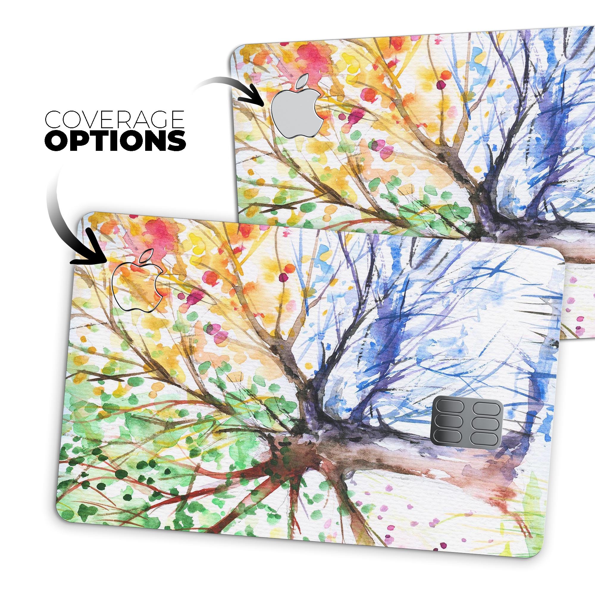 WaterColor Vivid Tree decal skin for Apple Card, showcasing vibrant colors and premium vinyl material.